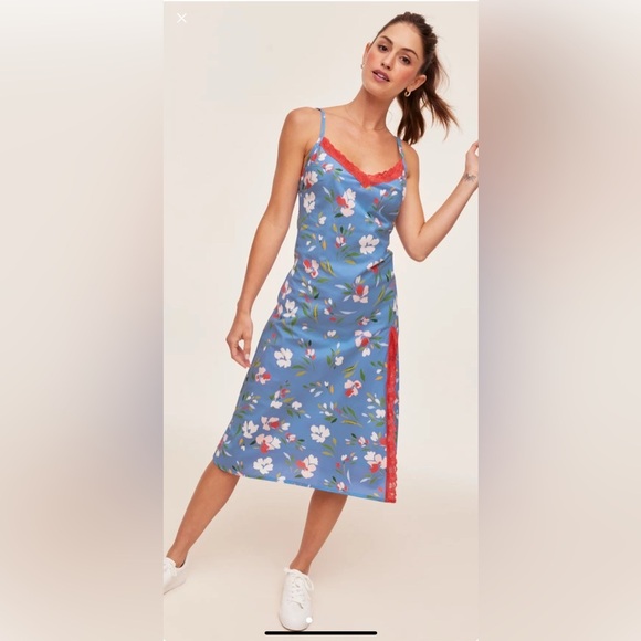 Adore Me Analise Slip blue flora lace trim spaghetti adjustable straps dress L - Picture 1 of 14